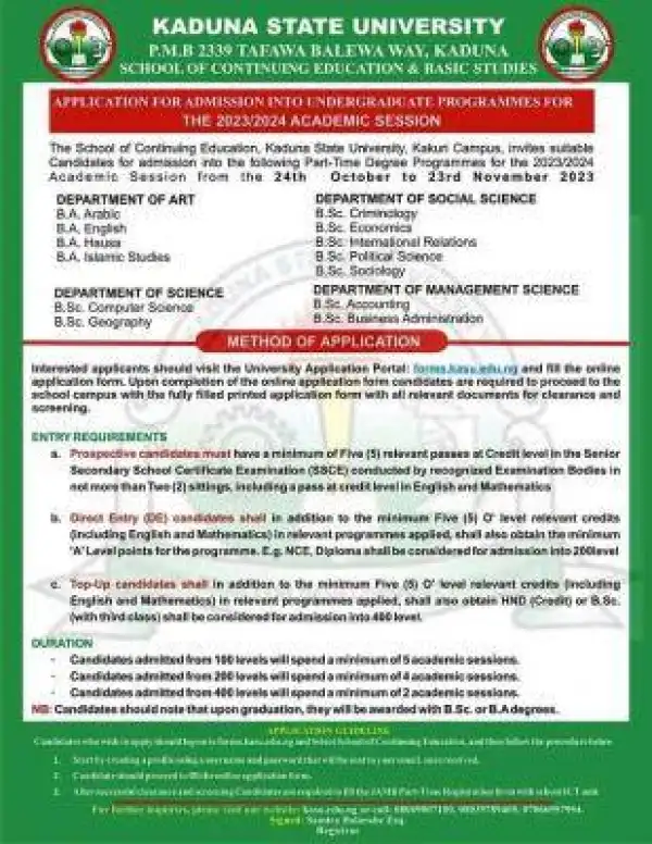 KASU Part-Time undergraduate admission, 2023/2024