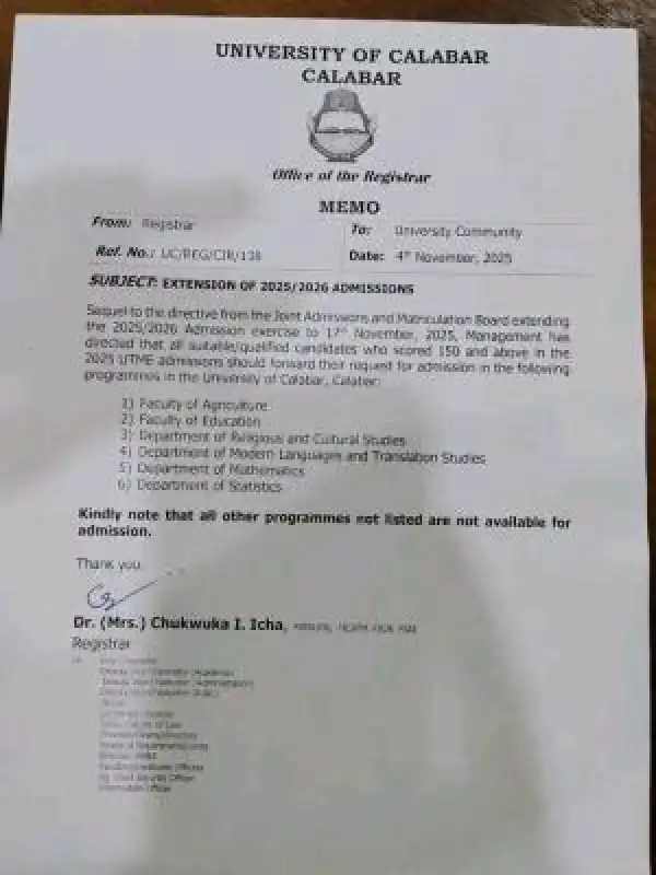 UNICAL update on admission exercise, 2025/2026