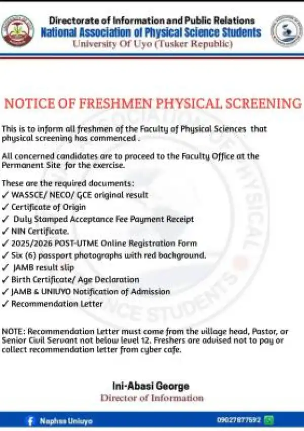 UNIUYO Faculty of Physical begins physical screening of new students, 2025/2026