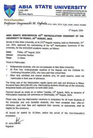 ABSU reschedules 42nd matriculation ceremony