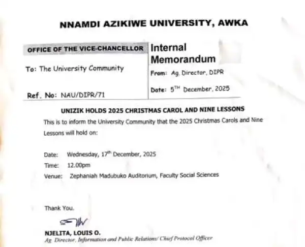 UNIZIK announces 2025 Christmas carol and nine lessons