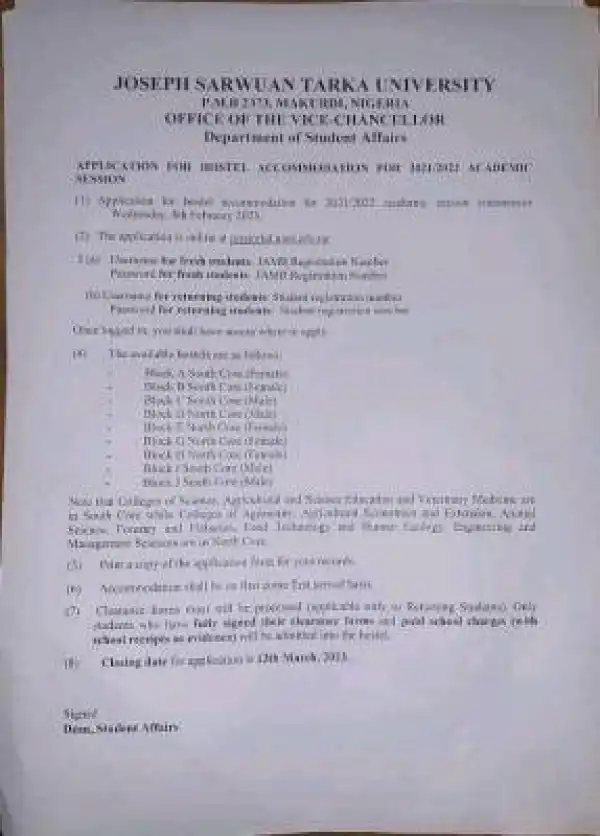 Joseph Sarwuan Tarka University notice on application for Hostel Accommodation, 2021/2022