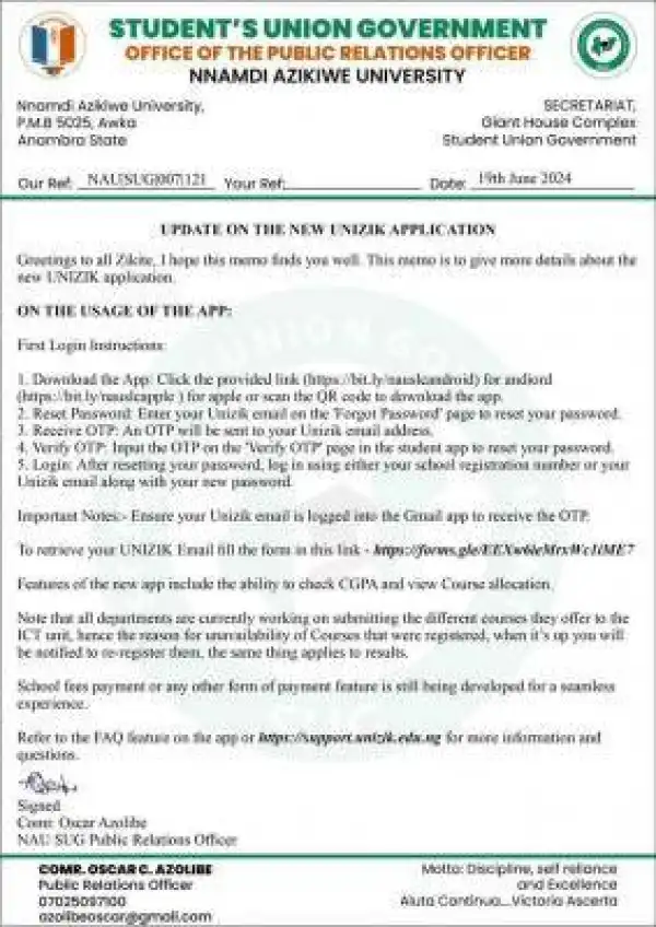 UNIZIK SUG notice on usage of the school