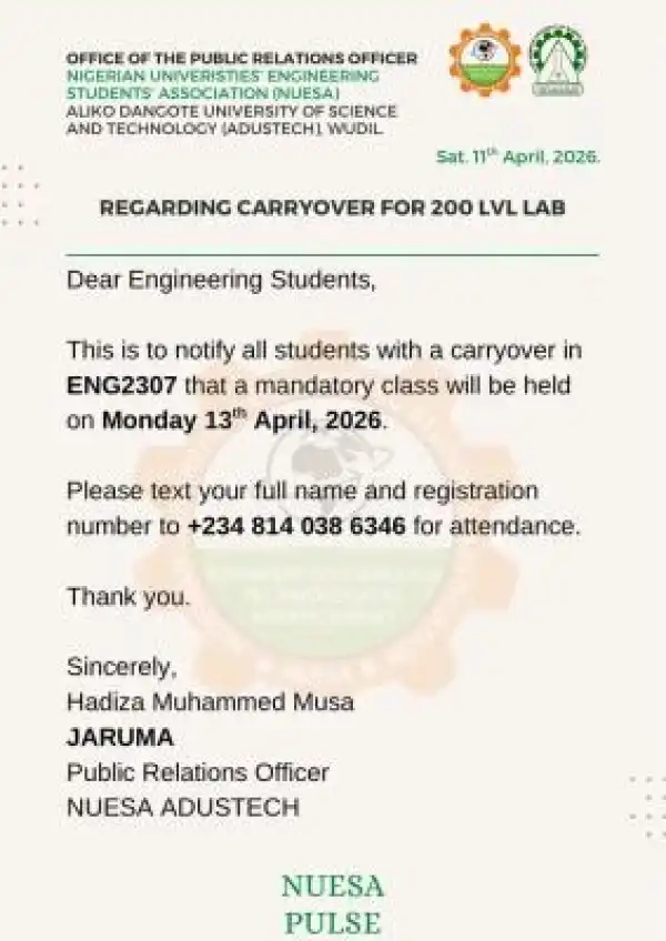 AFUSTECH Association of Engineering Students notice to students with carry-over in ENG2307