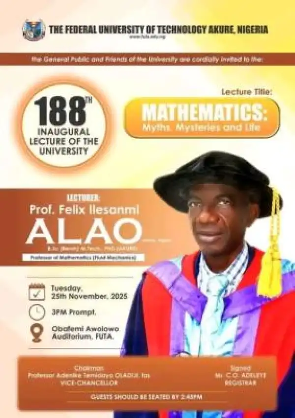 FUTA announces 188th Inaugural Lecture: “Mathematics — Myths, Mysteries and Life”