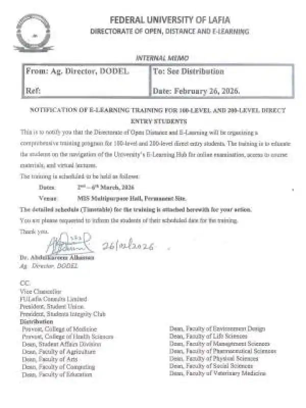 FULAFIA notice on E-learning Training for fresh students