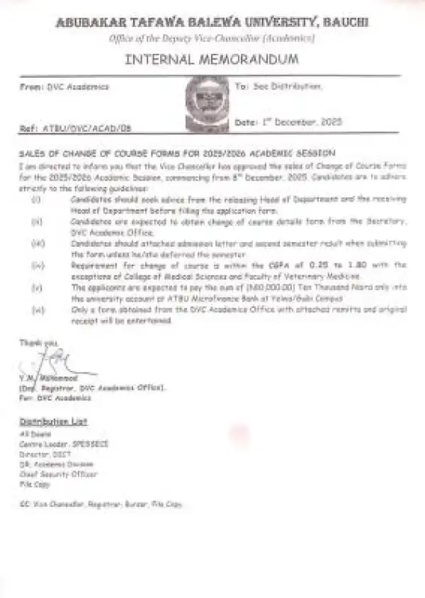 ATBU announces commencement of change of course form, 2025/2026