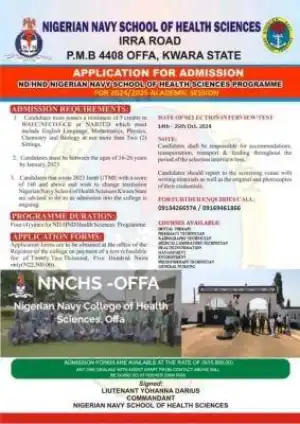 Nigerian Navy School of Health Sciences, Kwara admission form, 2024/2025