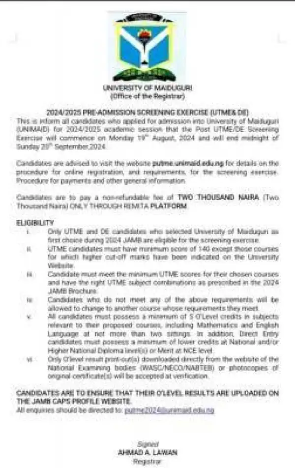 UNIMAID Post-UTME/DE 2024: Cut-off mark, Eligibility and Registration Details