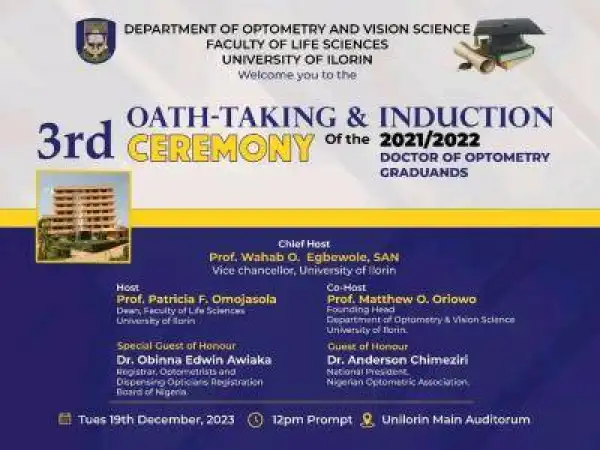 UNILORIN announces 3rd oath taking/induction ceremony of optometry graduands, 2021/2022