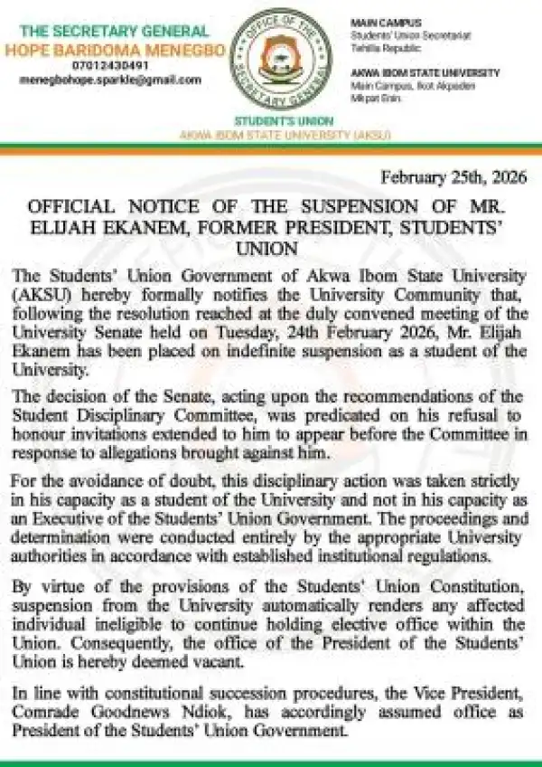 AKSU Senate Suspends Union President