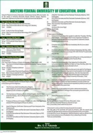 Adeyemi Federal University of Education schedule of events for 35th Convocation Ceremony