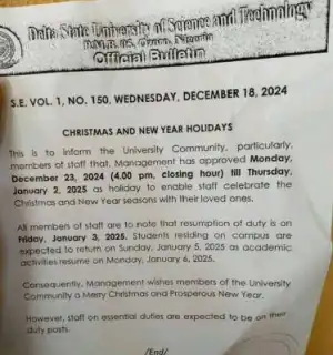 DSUST notice of Christmas and New Year holidays