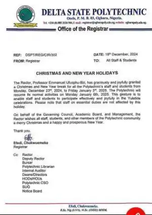 Delta State Poly Otefe -Oghara notice of Christmas and New Year break