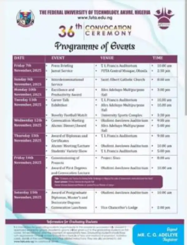 FUTA announces 36th Convocation Ceremony