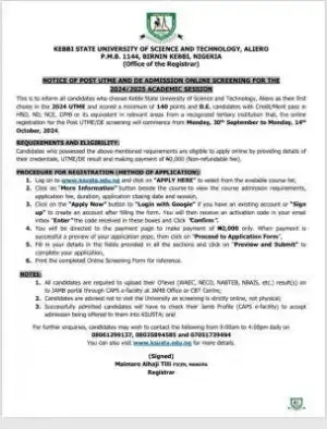 KSUSTA Post-UTME/DE 2024: cut-off mark, eligibility, registration and screening details