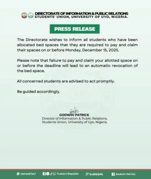 UNIUYO SUG notice to students allocated bedspaces