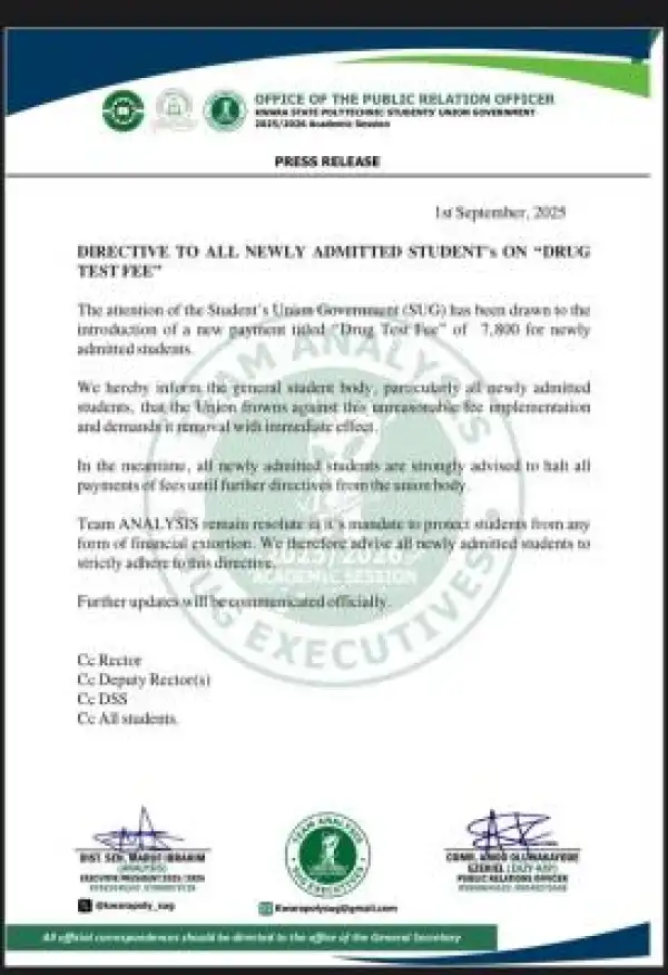 Kwara poly SUG notice to new students on “Drug Test Fee”