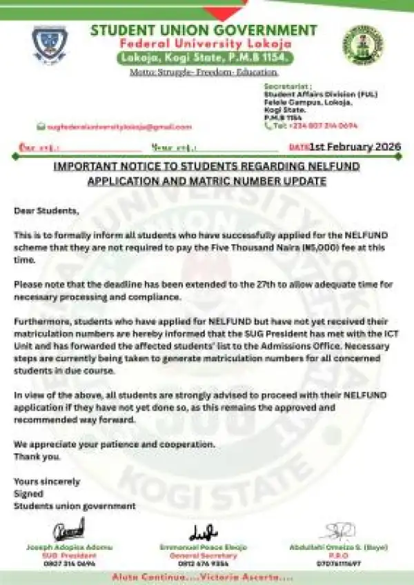FULOKOJA SUG update on NELFUND application & matriculation number allocation