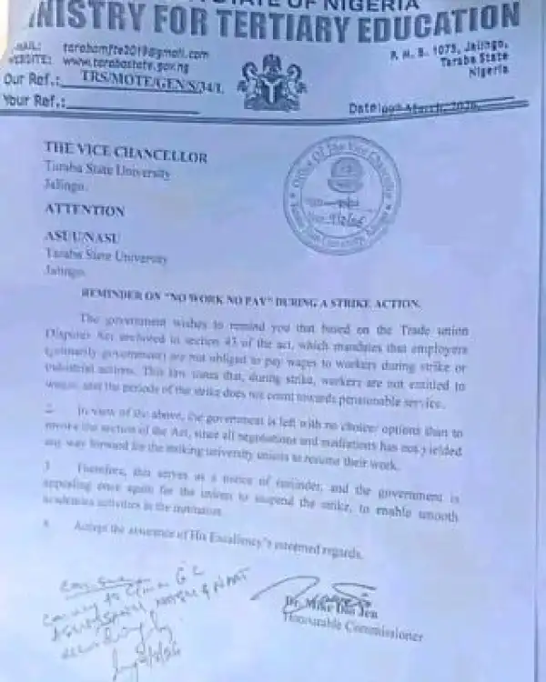 Taraba State Government invokes "No Work, No Pay" Policy against Striking University Staff
