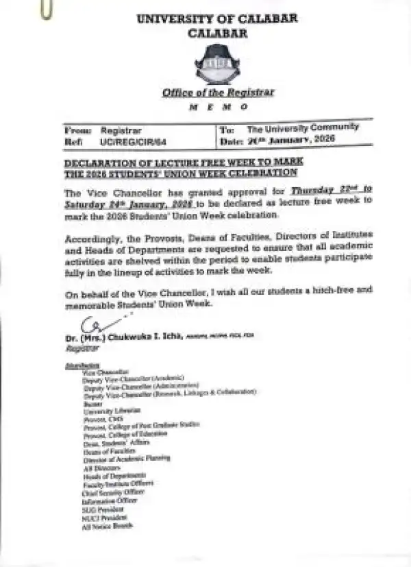 UNICAL declares lecture-free week to mark Students