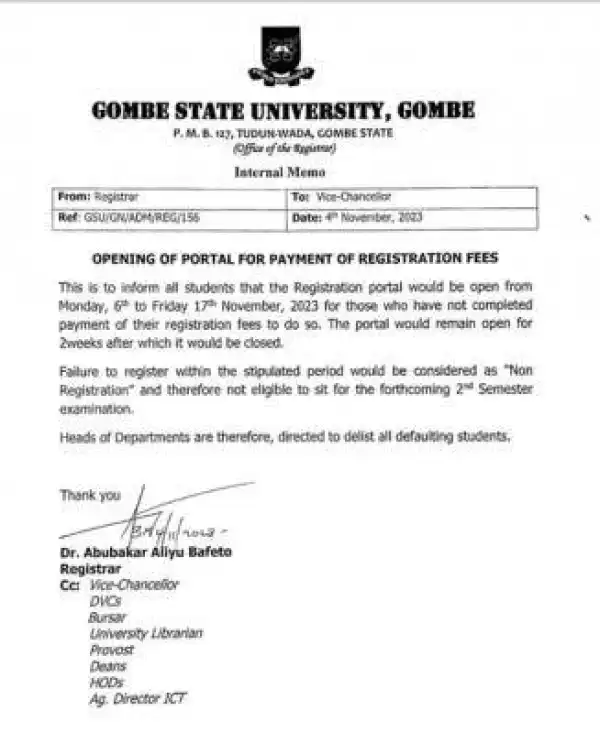 GOMSU notice on opening of portal for students registration exercise