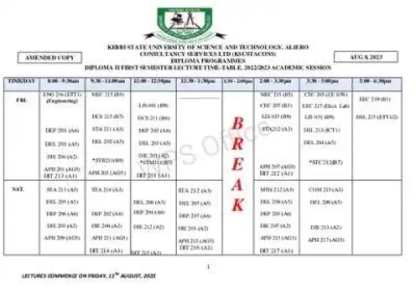 KSUSTA Diploma first semester lecture timetable, 2022/2023