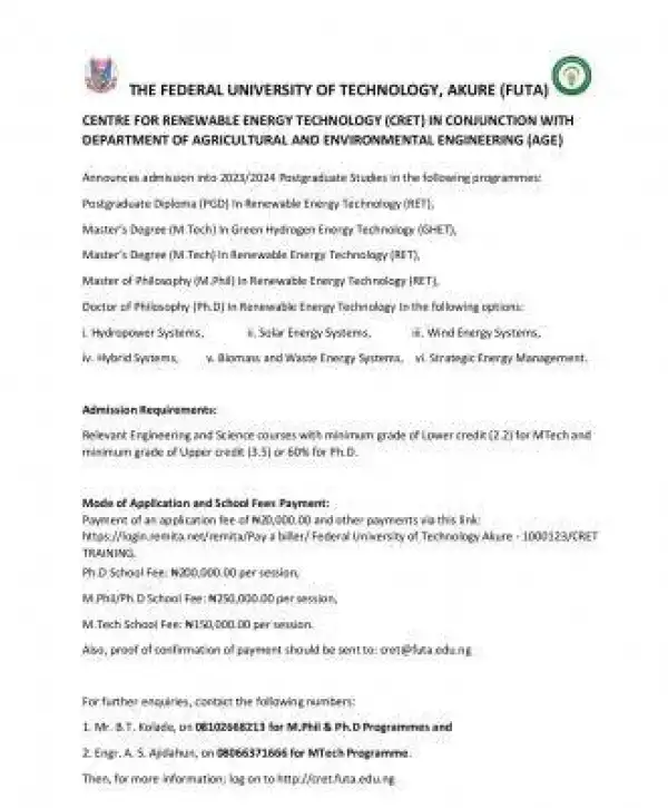 FUTA centre for renewable energy Tech admission form, 2023/2024