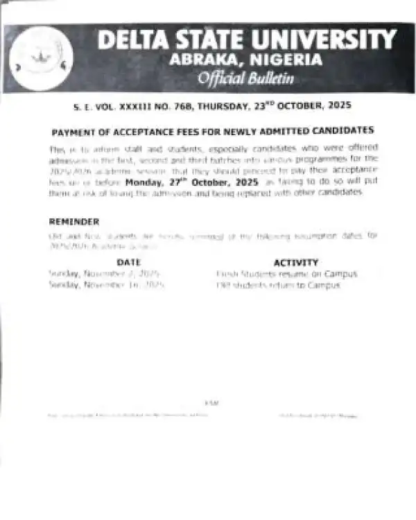 DELSU deadline for payment of acceptance fee, 2025/2026