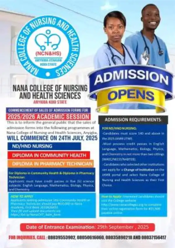Nana College of Nursing Sciences, Ayingba releases Admission forms, 2025/2026