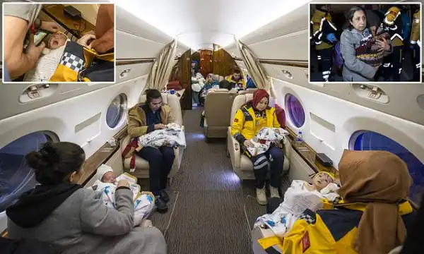 Heartwarming pictures show 16 babies pulled from the Turkish earthquake rubble being flown to safety in the capital on board Erdogan’s presidential plane