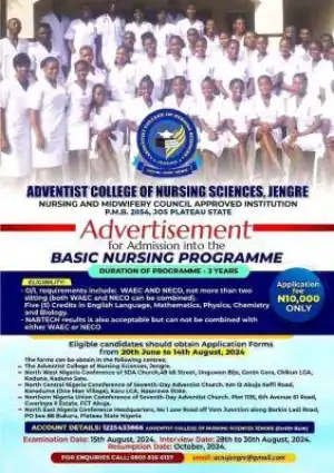 Adventist College of Nursing Sciences, Jengre admission into basic Nursing programme, 2024/2025