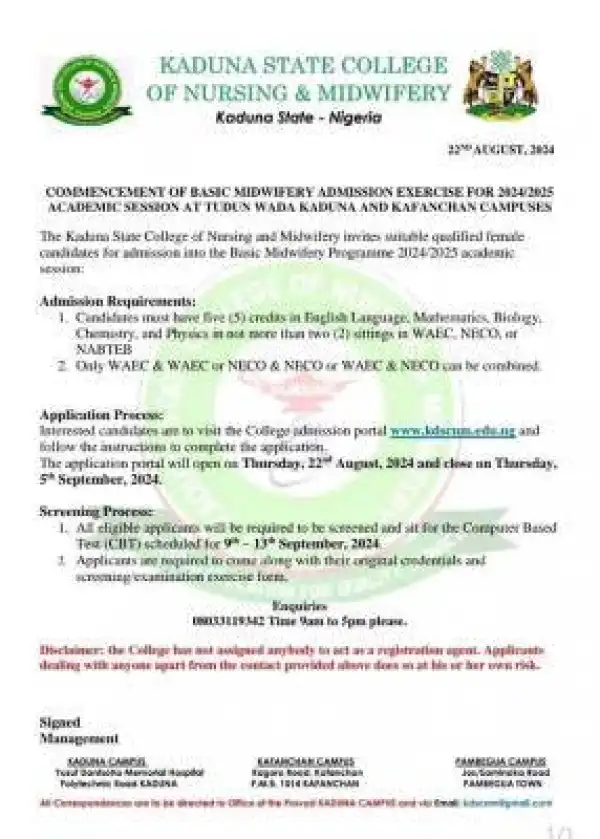 Kaduna College of Nursing & Midwifery releases Basic Midwifery form, 2024/2025