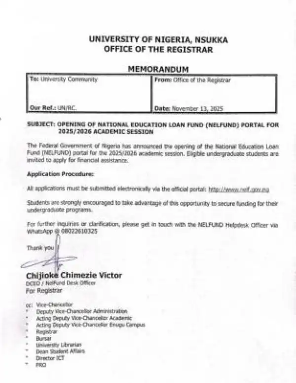 UNN notice to students on opening of the NELFUND portal, 2025/2026