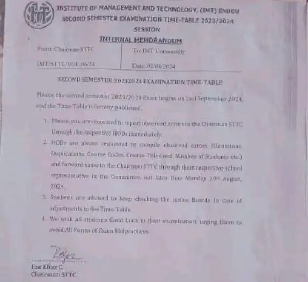 IMT Enugu releases 2nd semester exam timetable, 2023/2024