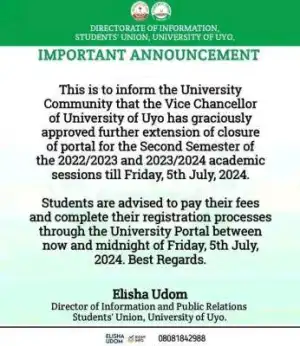 UNIUYO SUG notice to students on extension of deadline for second semester registration