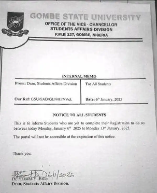 GOMSU notice to students on completion of registration on portal