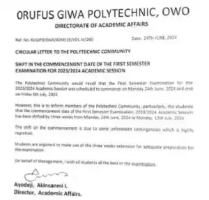 Rufus Giwa Poly shifts commencement of 1st semester exam, 2023/2024