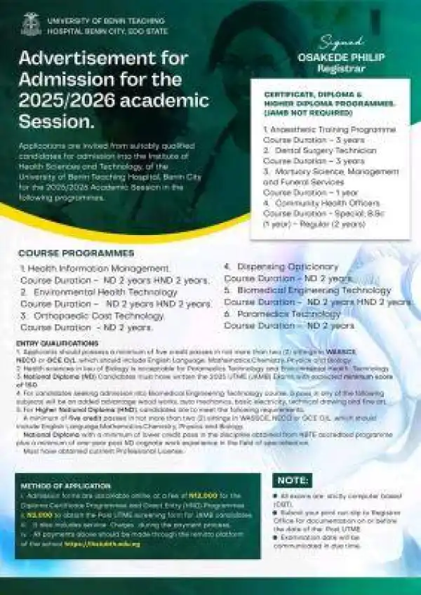 UBTH admission into Institute of Health Science & Tech, 2025/2026