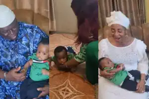 “It is the prostration for me” – Adorable moment actress Tawa Ajisefinni introduced her four-months-old son to his grandparents