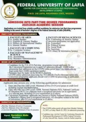 FULAFIA part-time degree Admission form for 2025/2026 session