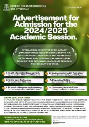 UBTH Institute of Health Science Tech announces admission for the 2024/2025 session