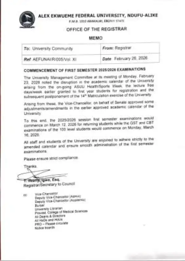 AE-FUNAI notice on commencement of 1s semester exam, 2025/2026