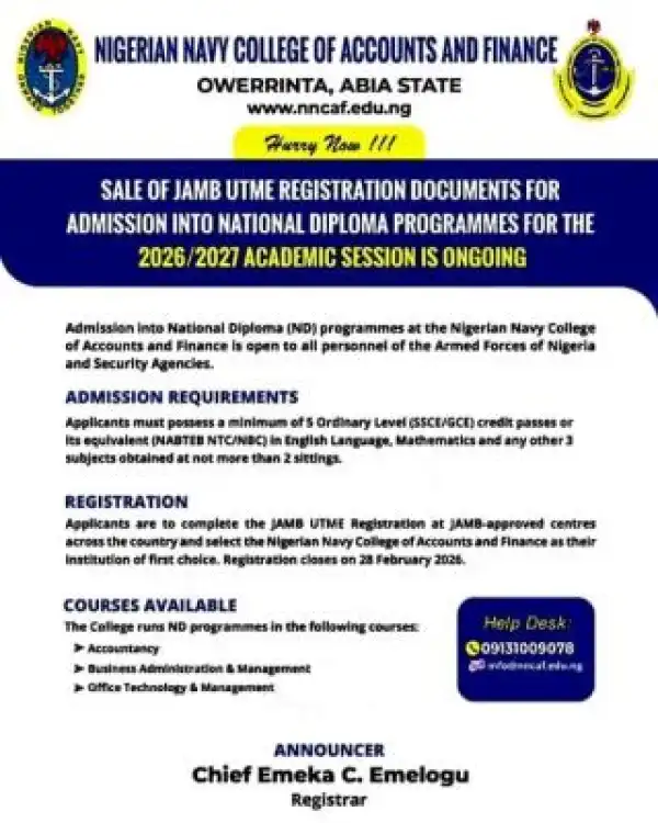 Nigerian Navy College of Accounts and Finance admission for security personnel, 2026/2027