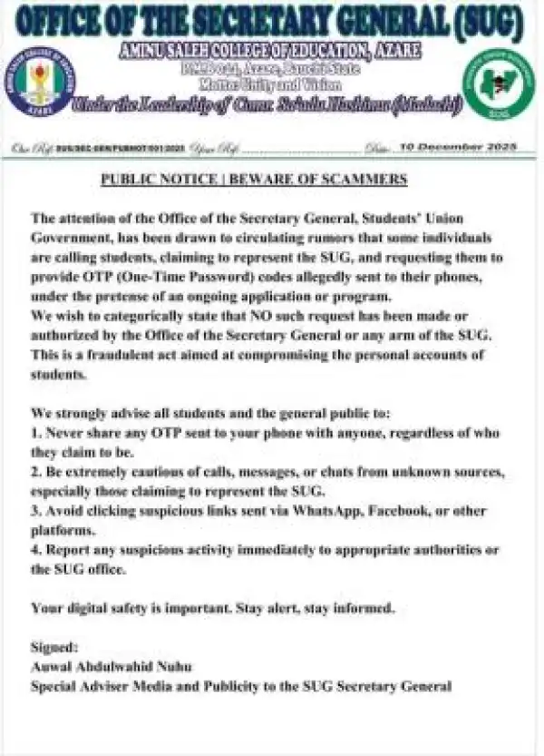 Aminu Saleh COE SUG issues alert to students on OTP Fraudsters