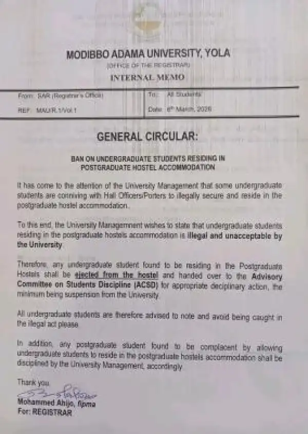 MAUTECH bans undergraduate students from residing in postgraduate hostels