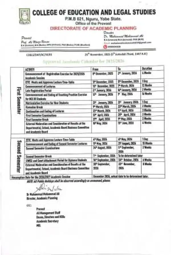 COELS releases approved academic calendar for 2025/2026 session