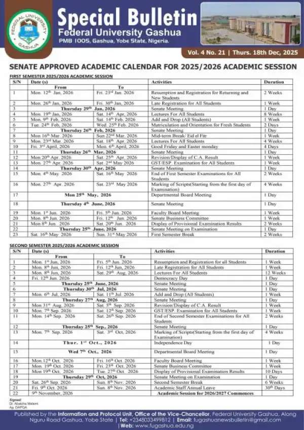 FUGashua approved academic calendar, 2025/2026