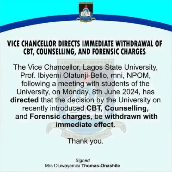 LASU VC orders immediate withdrawal of CBT, Counselling & Forensic charges