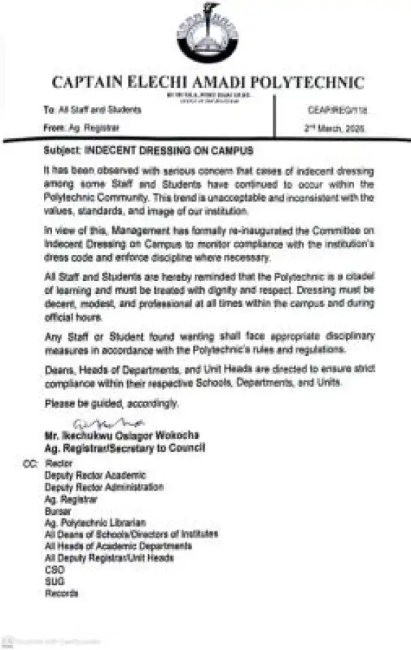 Captain Elechi Amadi Polytechnic notice to students on Indecent dressing
